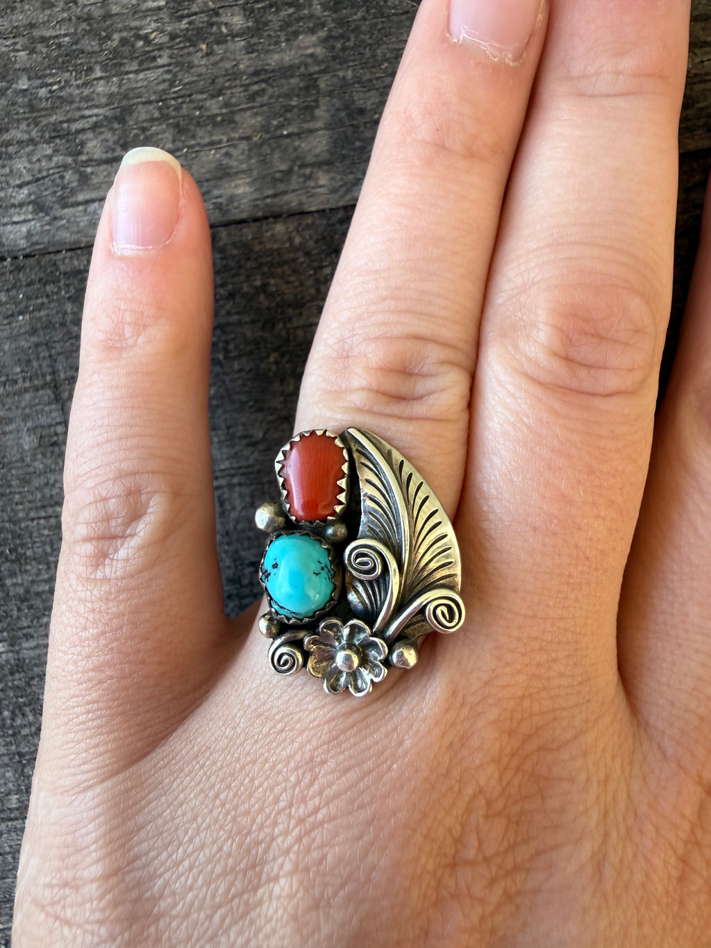Vintage Turquoise and Red Coral Ring