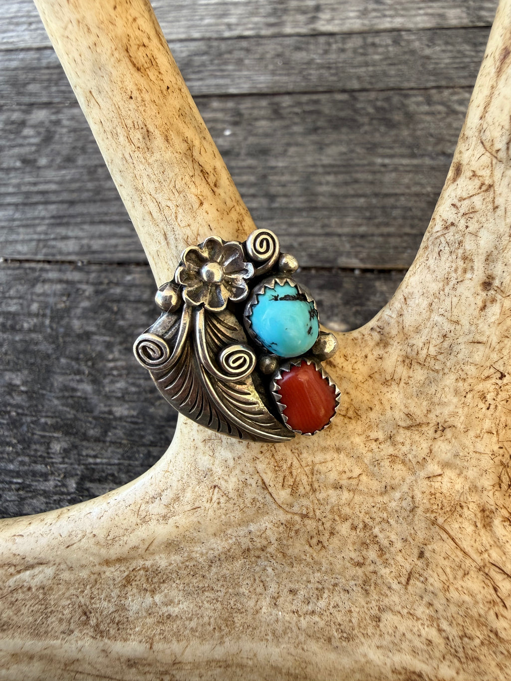 Vintage Turquoise and Red Coral Ring
